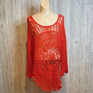 Roz & Ali Vibrant Orange Crochet Asymmetrical Boho Festival Beach Sweater